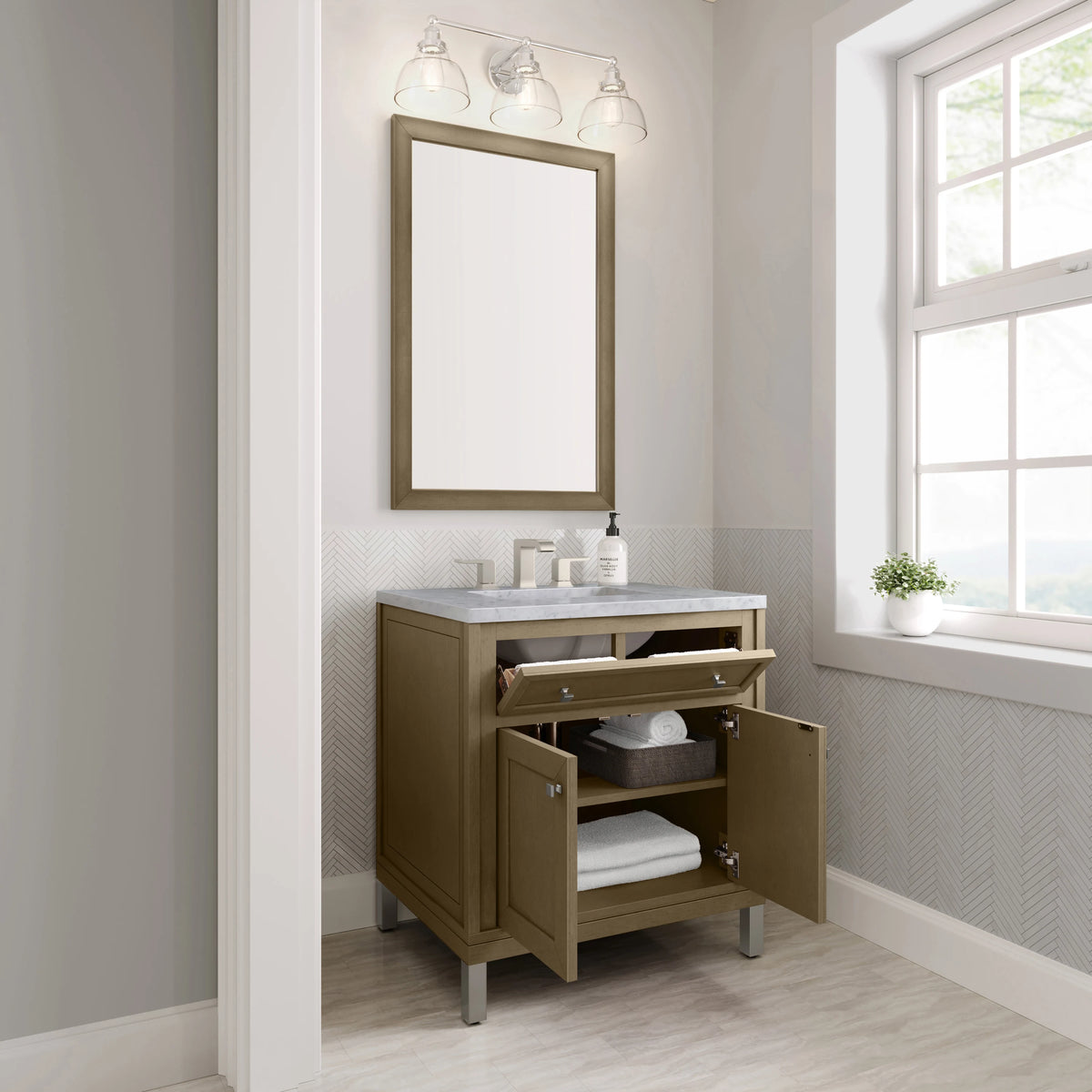 Chicago 30" Single Vanity, Walnut Whisper, w/ 3 CM Carrara Marble Top, view 11