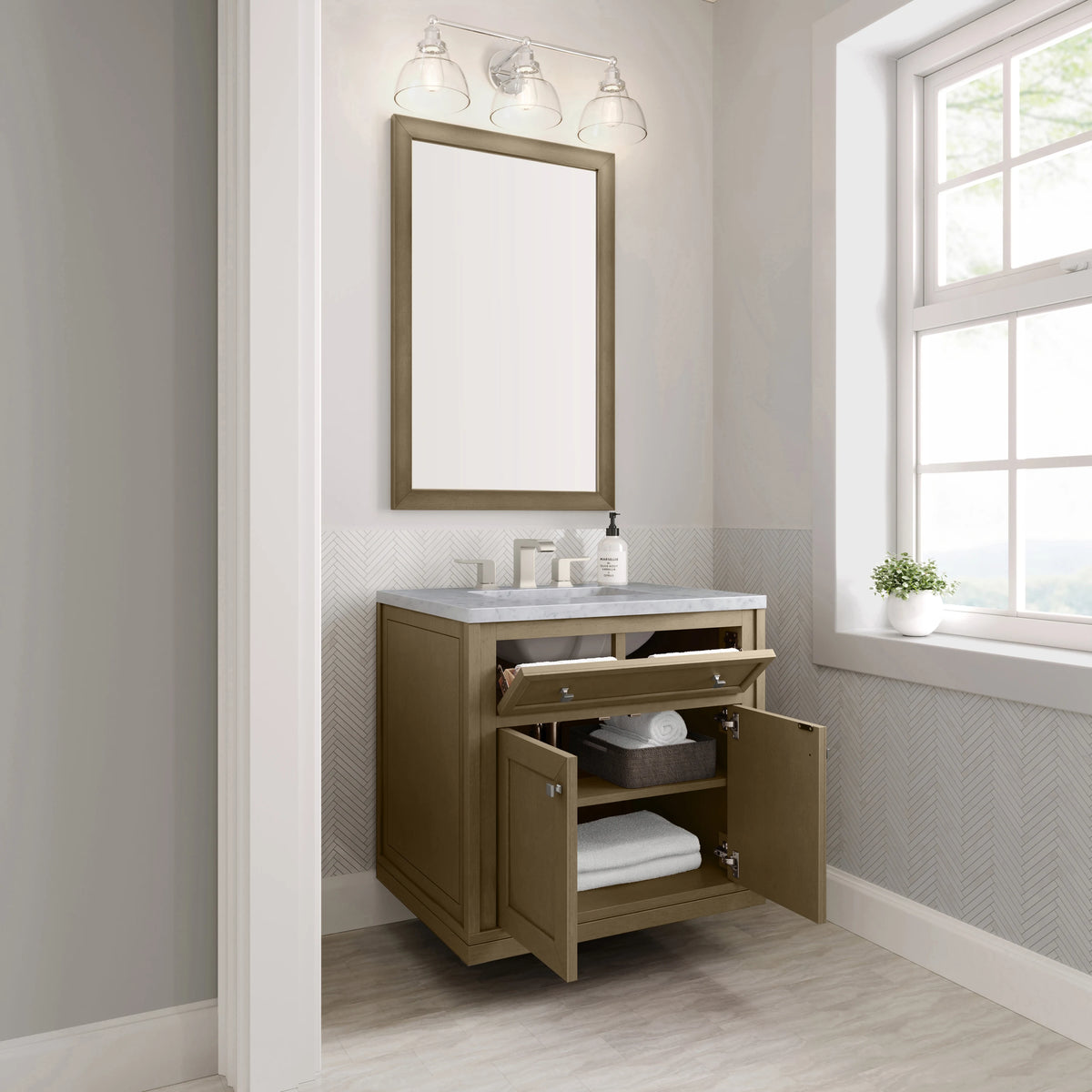 Chicago 30" Single Vanity, Walnut Whisper, w/ 3 CM Carrara Marble Top, view 12