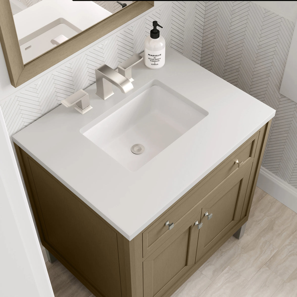 Chicago 30" Single Vanity, Walnut Whisper, w/ 3 CM White Zeus Silestone® Top, view 14