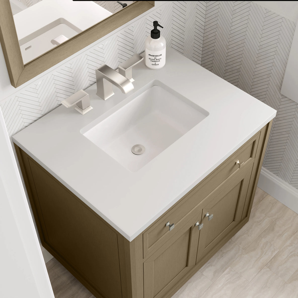 Chicago 30" Single Vanity, Walnut Whisper, w/ 3 CM White Zeus Silestone® Top, view 15