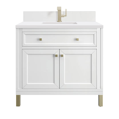 Chicago 36" Single Vanity, Glossy White, w/ Single Hole 3CM White Zeus Silestone® Top & Backsplash