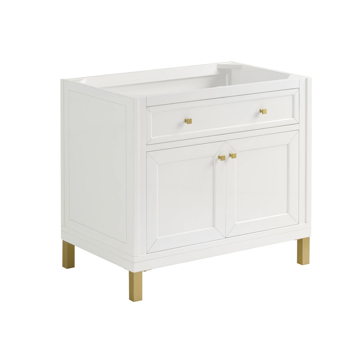 Chicago 36" Single Vanity, Glossy White, w/ Single Hole 3CM White Zeus Silestone® Top & Backsplash, view 2