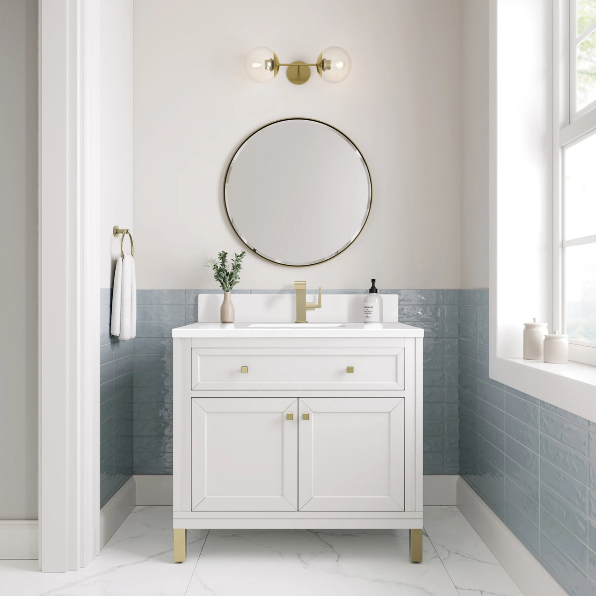 Chicago 36" Single Vanity, Glossy White, w/ Single Hole 3CM White Zeus Silestone® Top & Backsplash, view 4