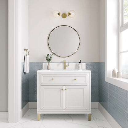 Chicago 36" Single Vanity, Glossy White, w/ Single Hole 3CM White Zeus Silestone® Top & Backsplash, view 4