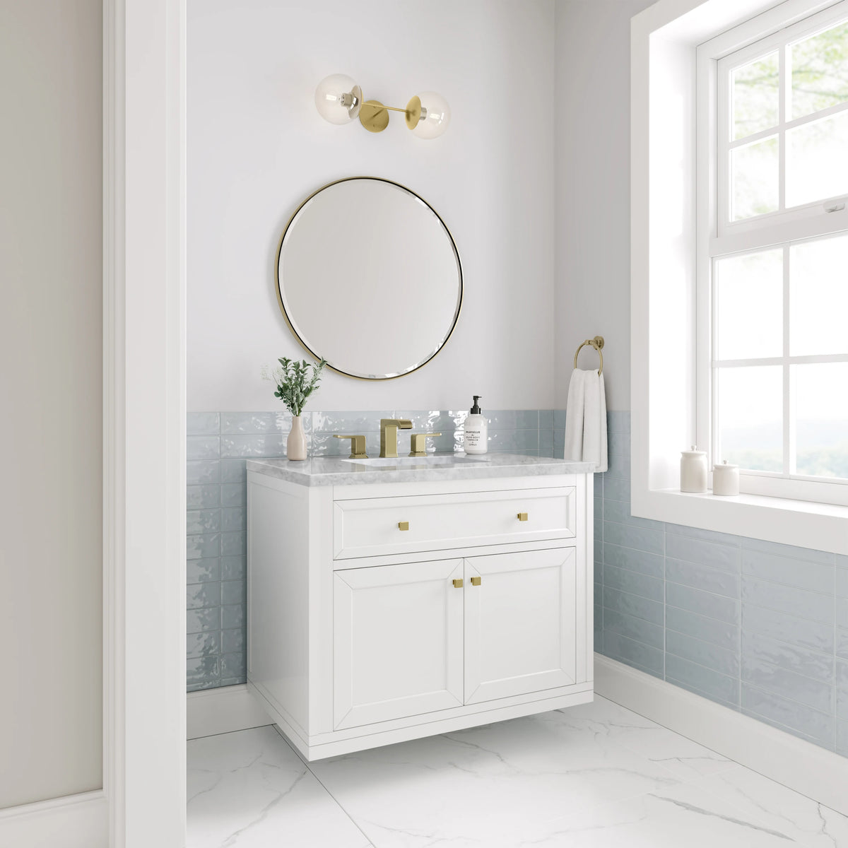 Chicago 36" Single Vanity, Glossy White, w/ 3 CM Carrara Marble Top, view 5