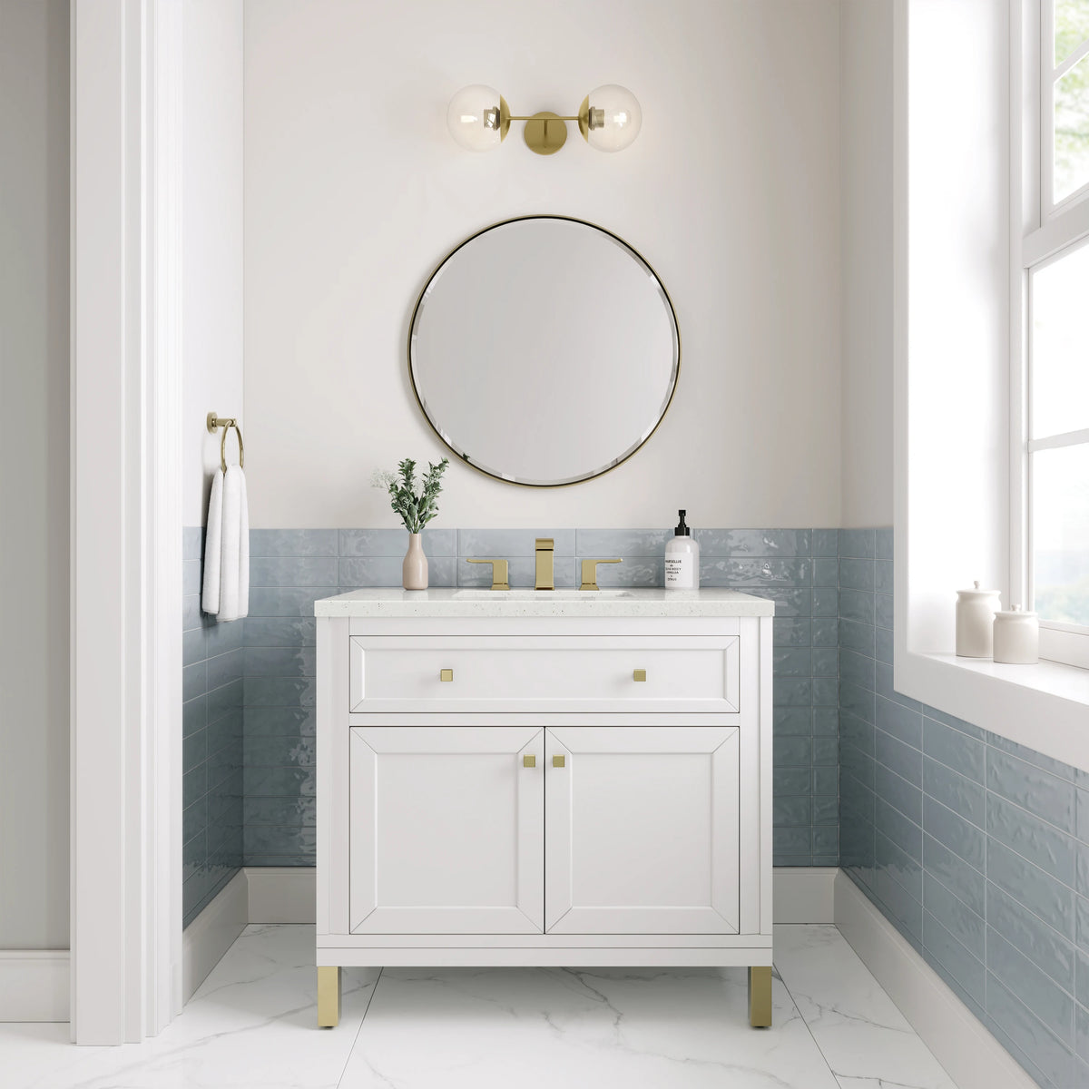 Chicago 36" Single Vanity, Glossy White, w/ 3 CM Lime Delight Silestone® Top, view 4