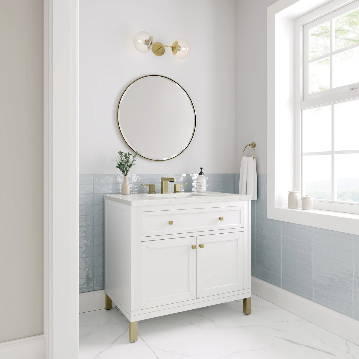 Chicago 36" Single Vanity, Glossy White, w/ 3 CM Lime Delight Silestone® Top, view 5