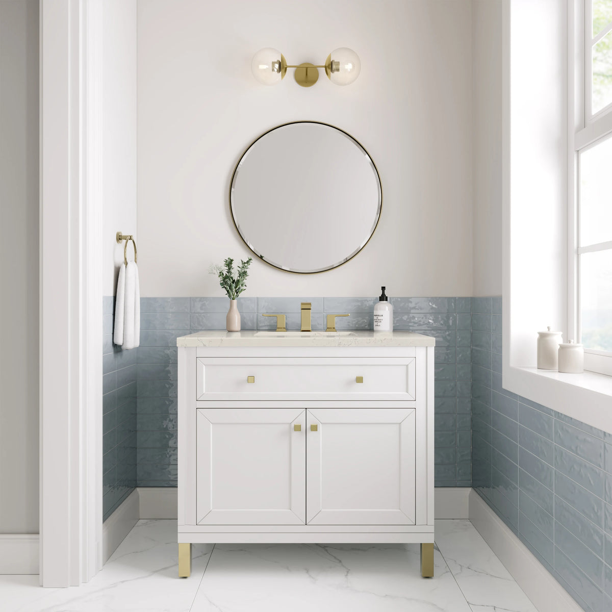 Chicago 36" Single Vanity, Glossy White, w/ 3 CM Siberian Silestone Top, view 3