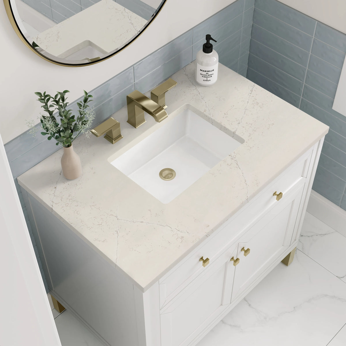 Chicago 36" Single Vanity, Glossy White, w/ 3 CM Siberian Silestone Top, view 8
