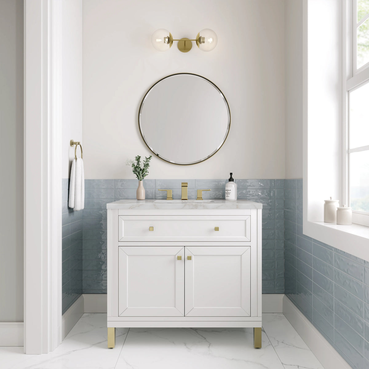 Chicago 36" Single Vanity, Glossy White, w/ 3 CM Victorian Silver Silestone® Top, view 4
