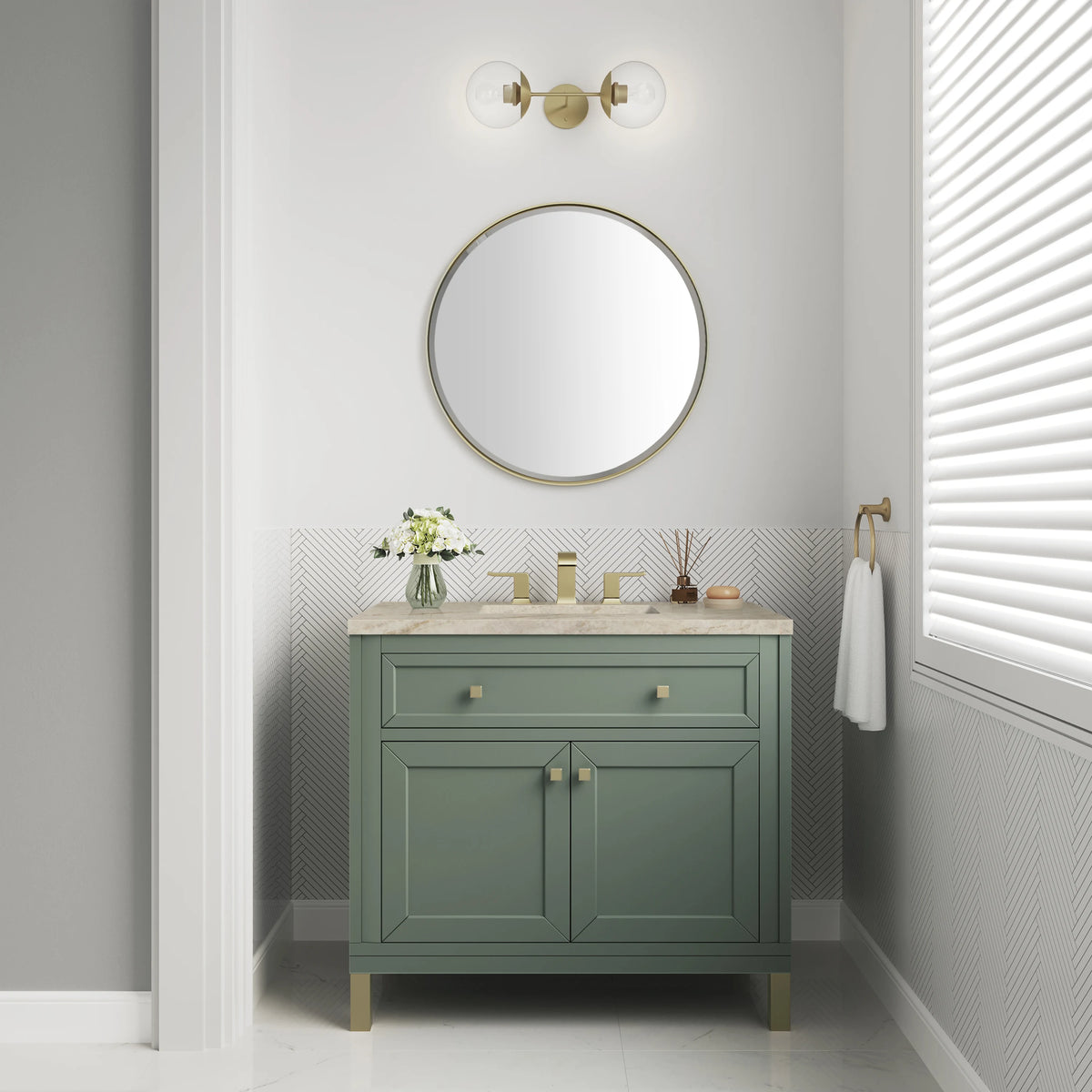 Chicago 36" Single Vanity, Smokey Celadon, w/ 3 CM Tajnar Eclos Top, view 3