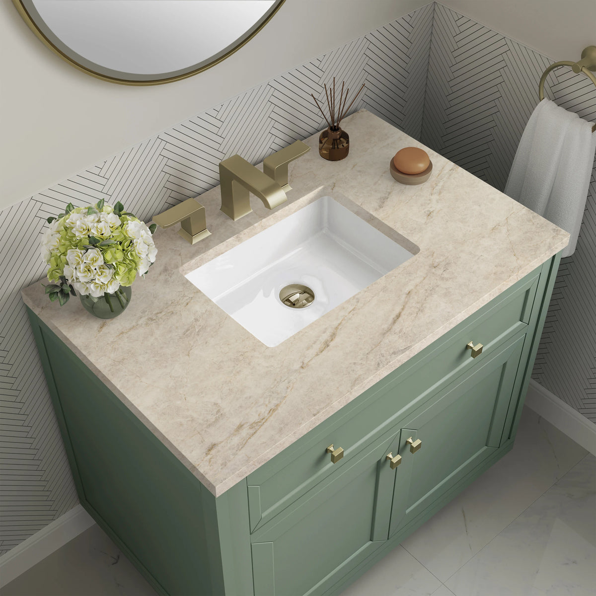 Chicago 36" Single Vanity, Smokey Celadon, w/ 3 CM Tajnar Eclos Top, view 8