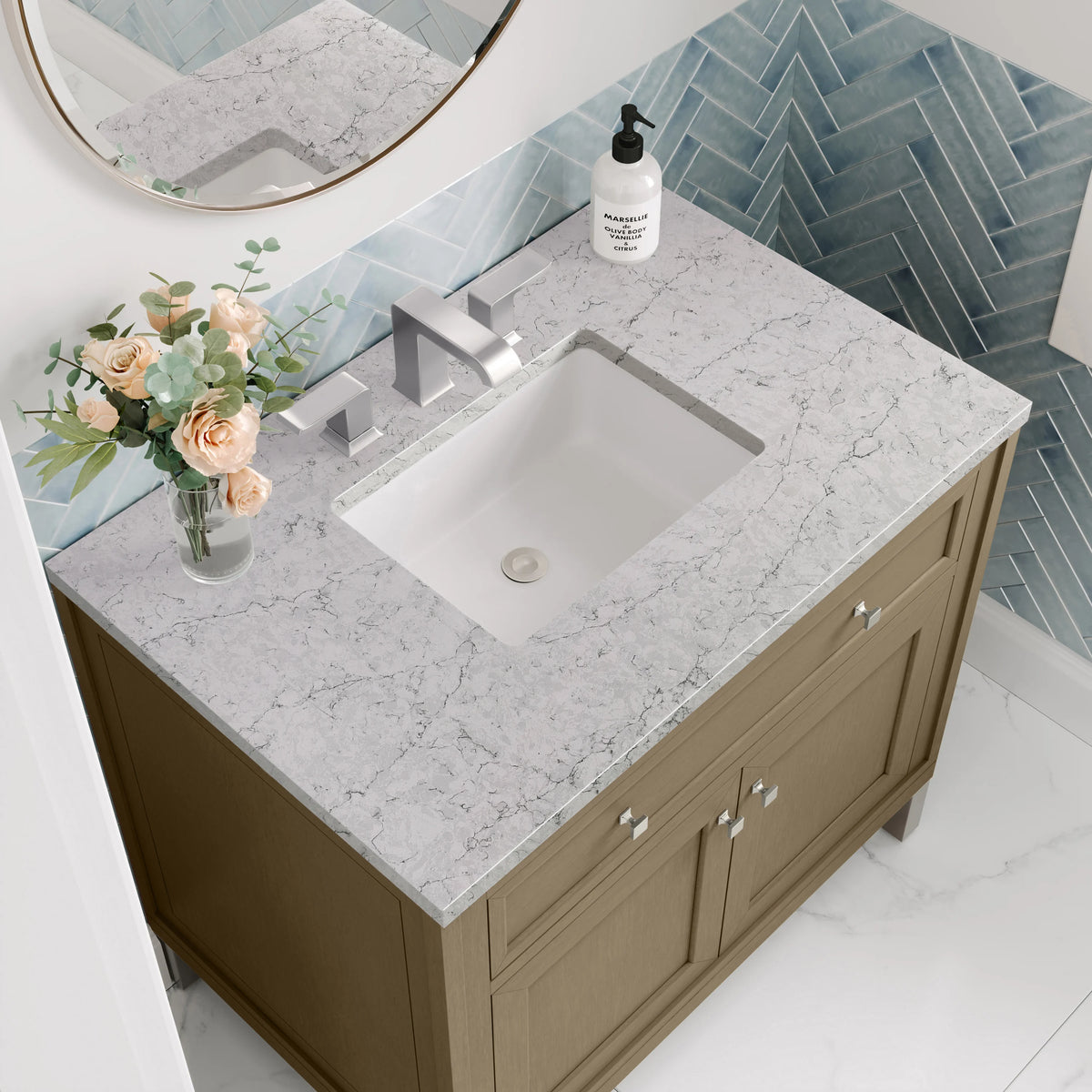Chicago 36" Single Vanity, Walnut Whisper, w/ 3 CM Eternal Jasmine Pearl Silestone® Top, view 12