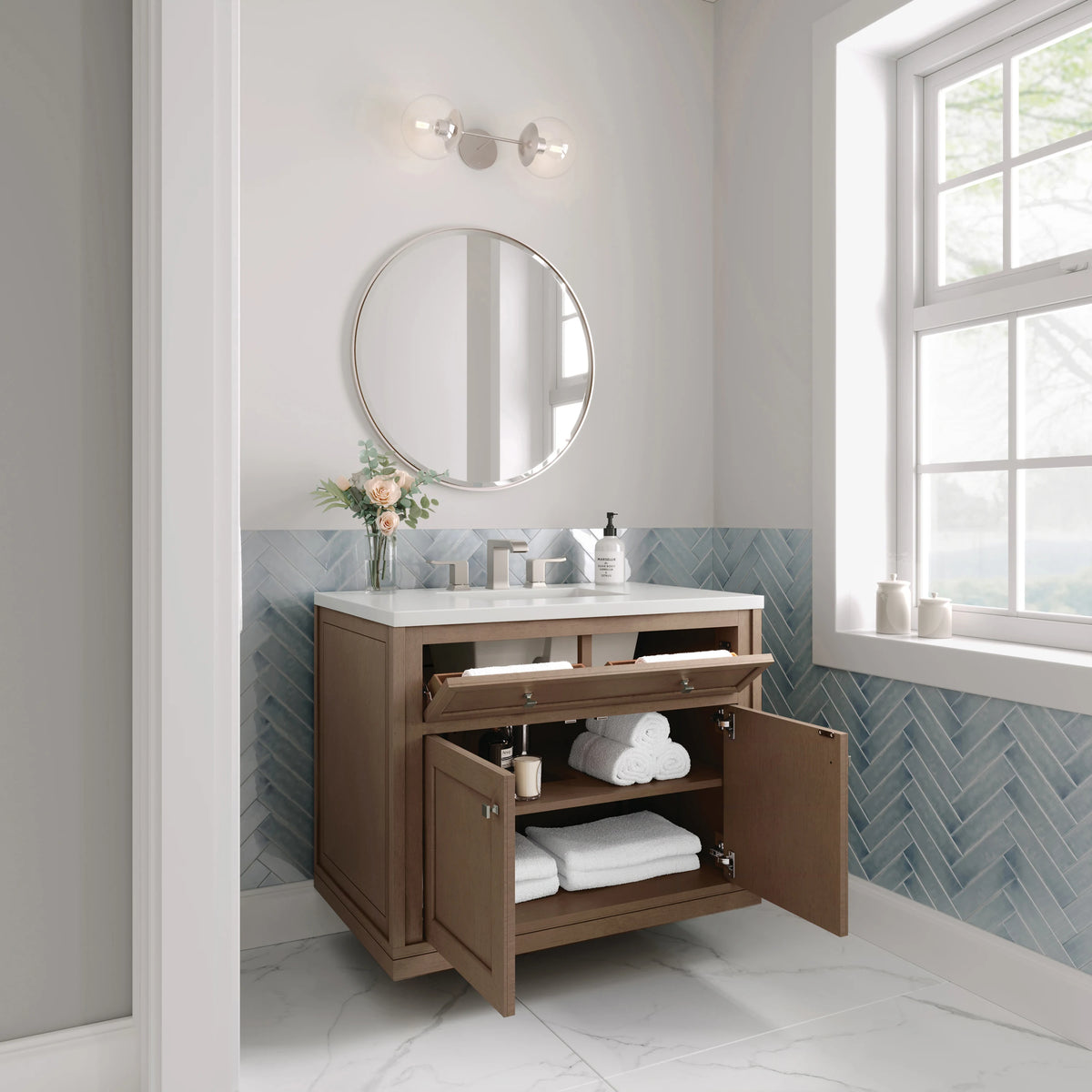 Chicago 36" Single Vanity, Walnut Whisper, w/ 3 CM White Zeus Silestone® Top, view 10