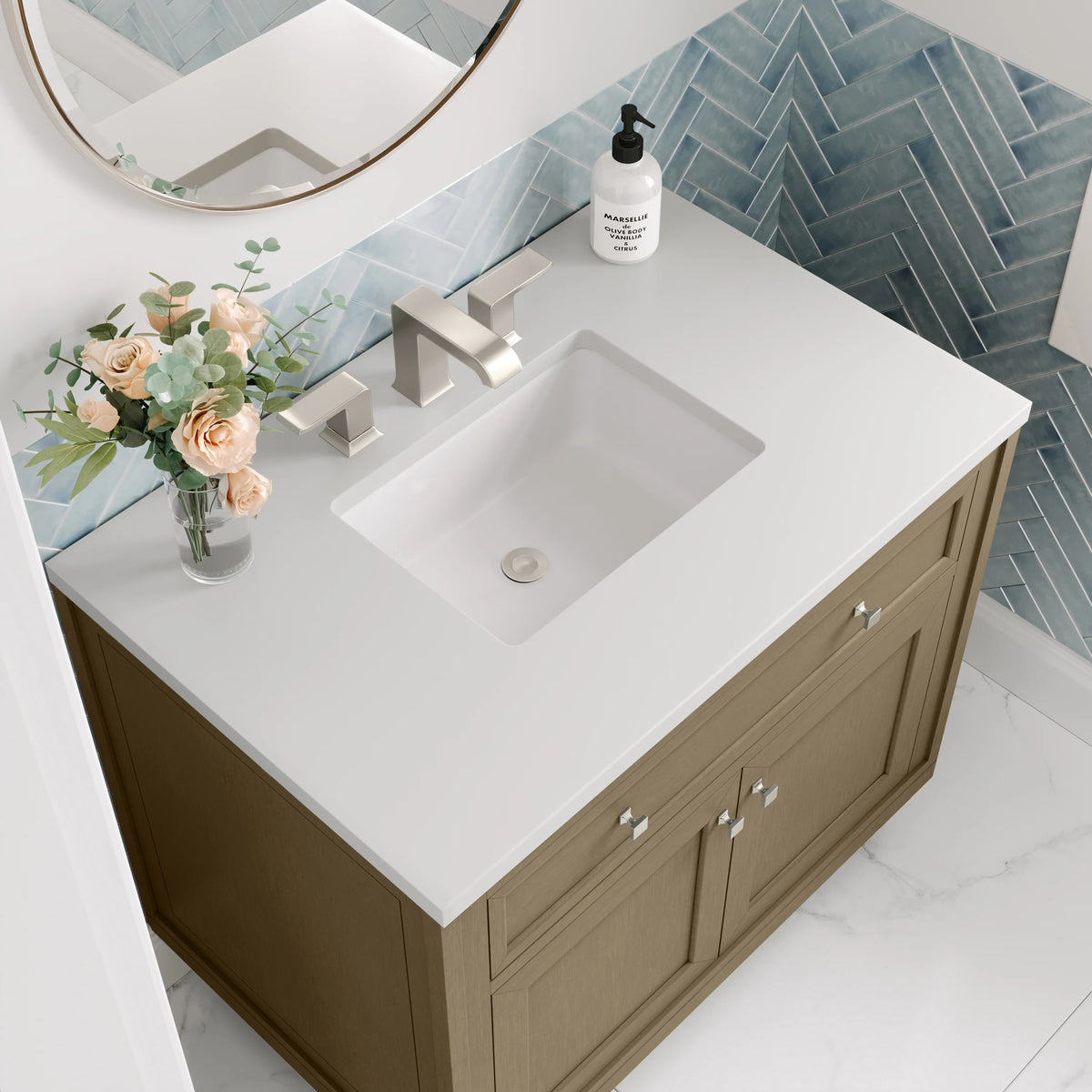 Chicago 36" Single Vanity, Walnut Whisper, w/ 3 CM White Zeus Silestone® Top, view 13