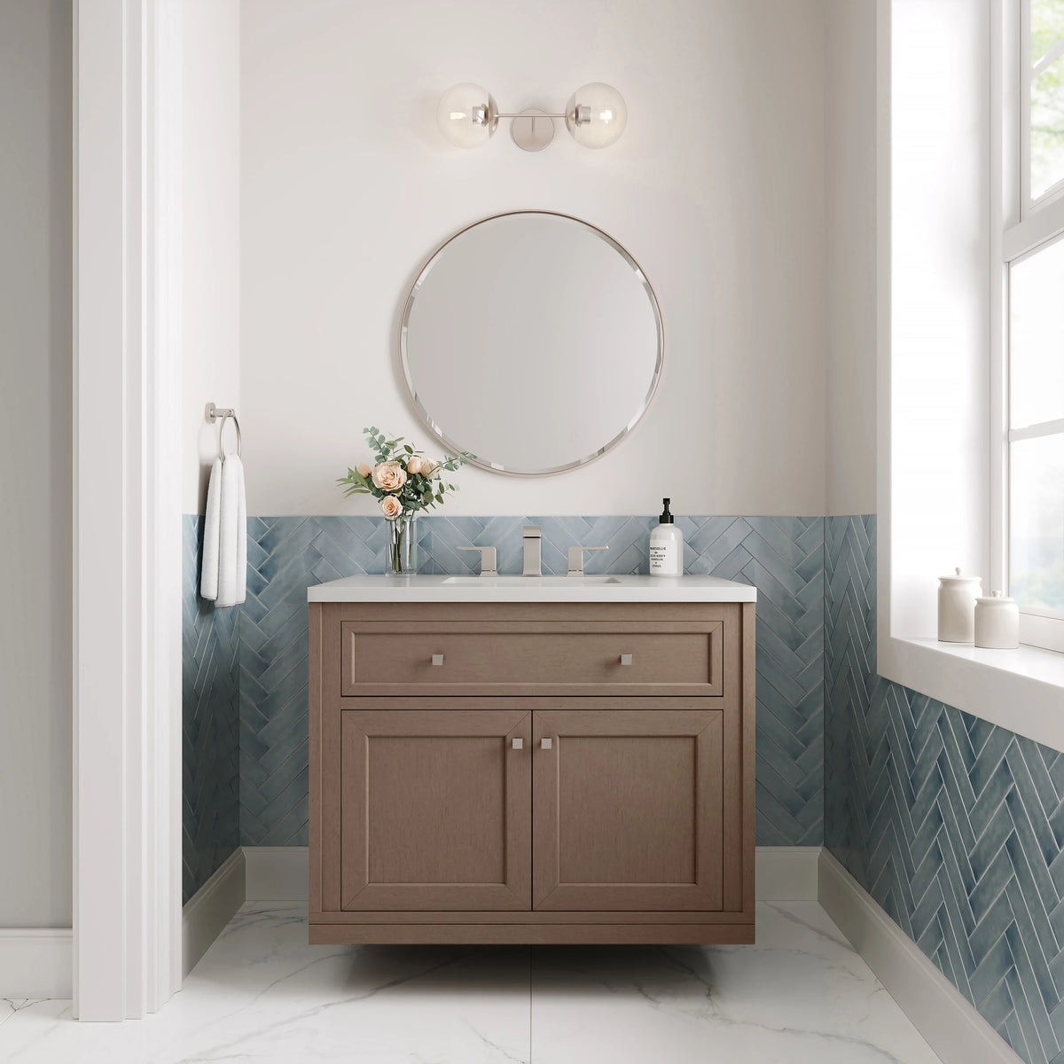 Chicago 36" Single Vanity, Walnut Whisper, w/ 3 CM White Zeus Silestone® Top, view 6