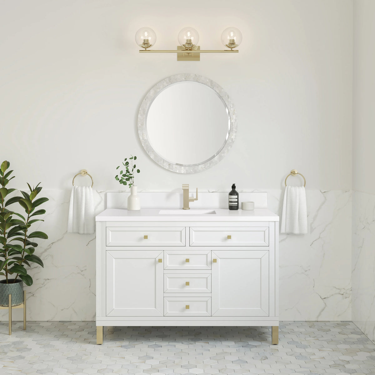 Chicago 48" Single Vanity, Glossy White, w/ Single Hole 3CM White Zeus Silestone® Top & Backsplash, view 4