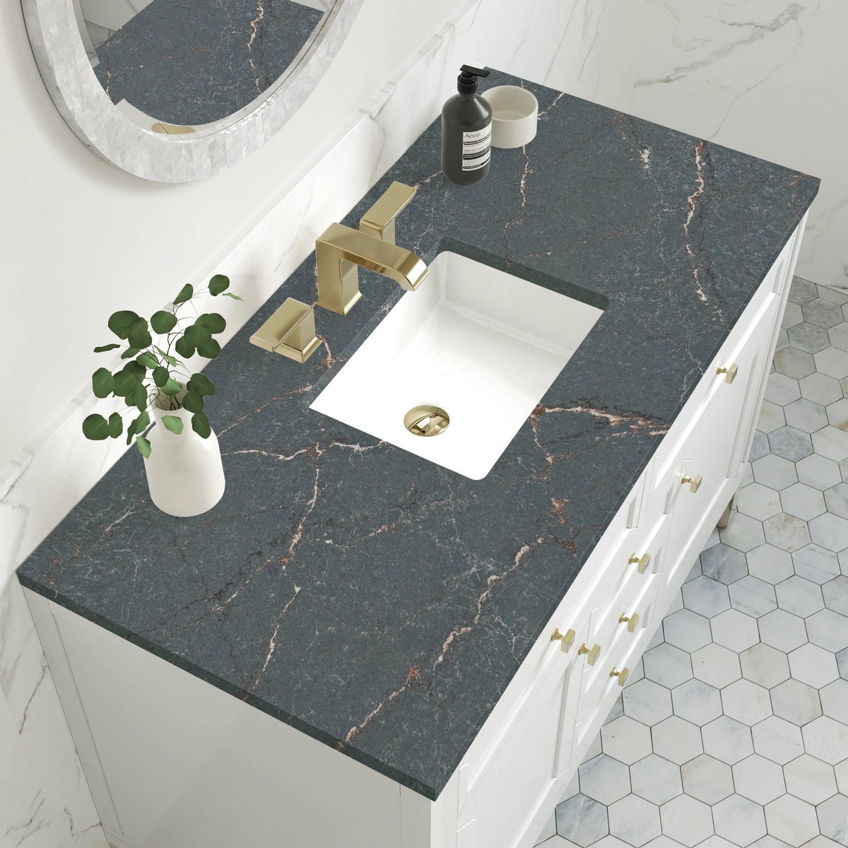Chicago 48" Single Vanity, Glossy White, w/ 3 CM Parisien Bleu Silestone® Top, view 7