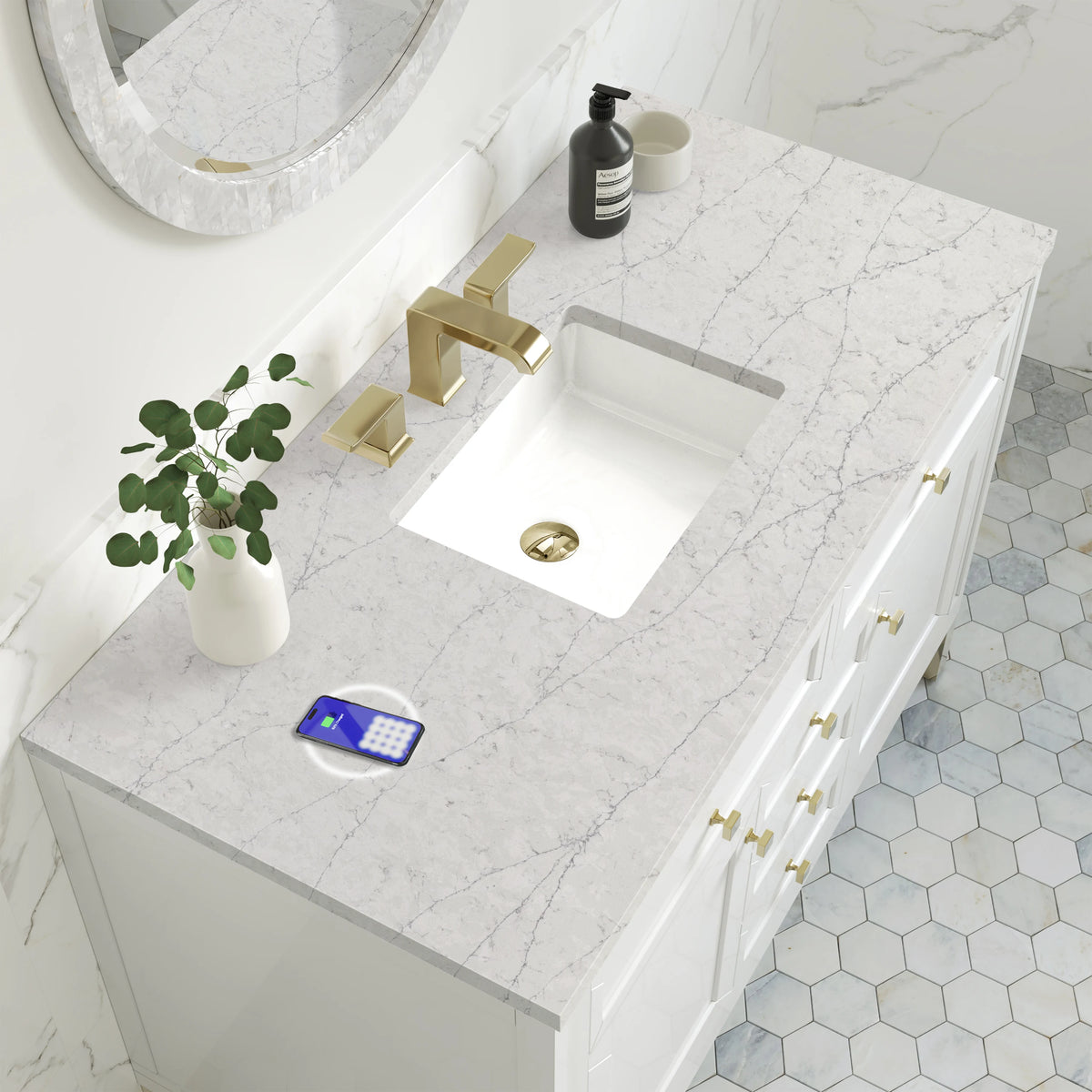 Chicago 48" Single Vanity, Glossy White, w/ 3 CM Eternal Jasmine Pearl Silestone® Top w/FreePower Wireless Cha, view 12