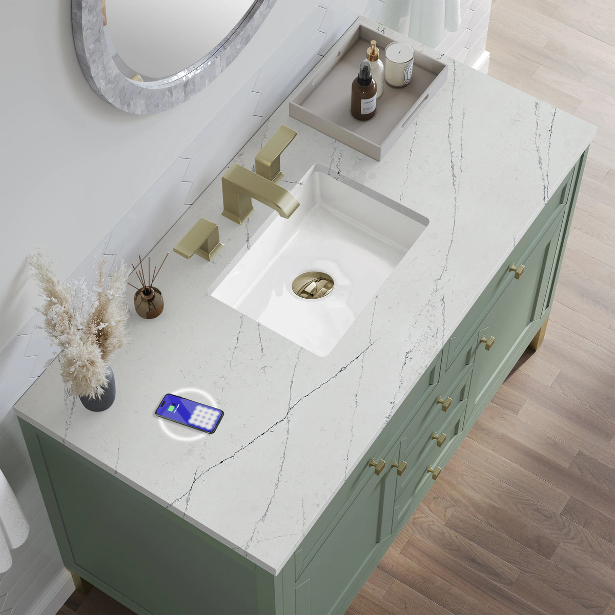 Chicago 48" Single Vanity, Smokey Celadon, w/ 3 CM Ethereal Noctis Silestone® Top w/FreePower Wireless Charger, view 11
