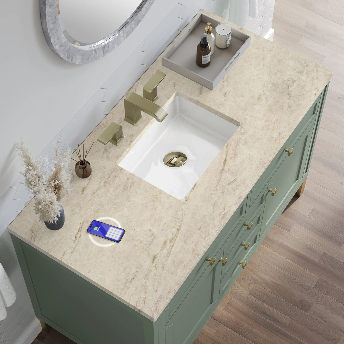 Chicago 48" Single Vanity, Smokey Celadon, w/ 3 CM Tajnar Eclos Top w/FreePower Wireless Charger, view 9
