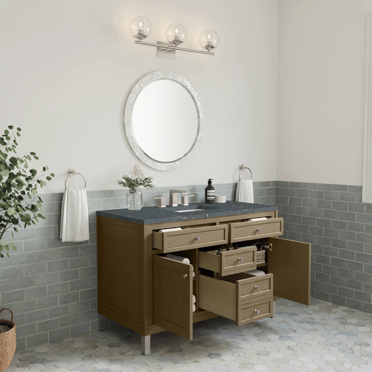 Chicago 48" Single Vanity, Walnut Whisper, w/ 3 CM Parisien Bleu Silestone® Top w/FreePower Wireless Charger, view 9