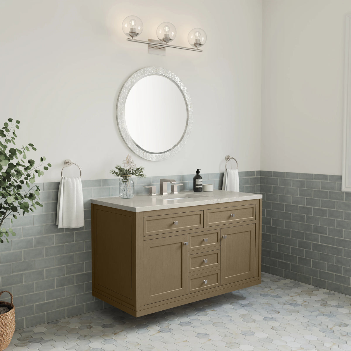 Chicago 48" Single Vanity, Walnut Whisper, w/ 3 CM Siberian Silestone Top w/FreePower Wireless Charger, view 10