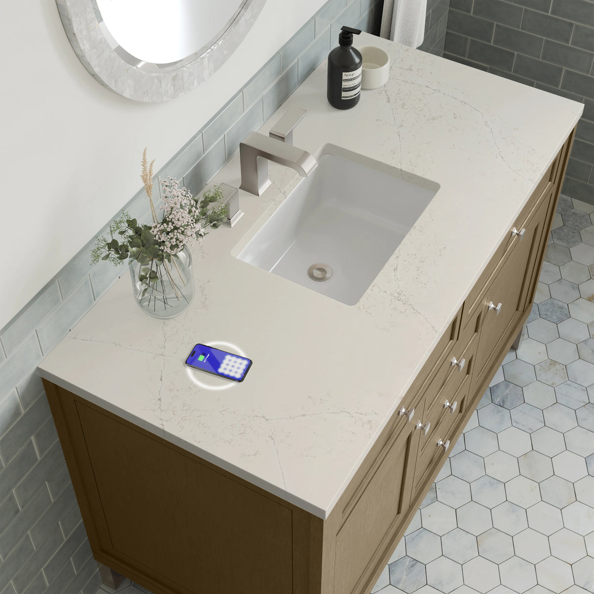 Chicago 48" Single Vanity, Walnut Whisper, w/ 3 CM Siberian Silestone Top w/FreePower Wireless Charger, view 14