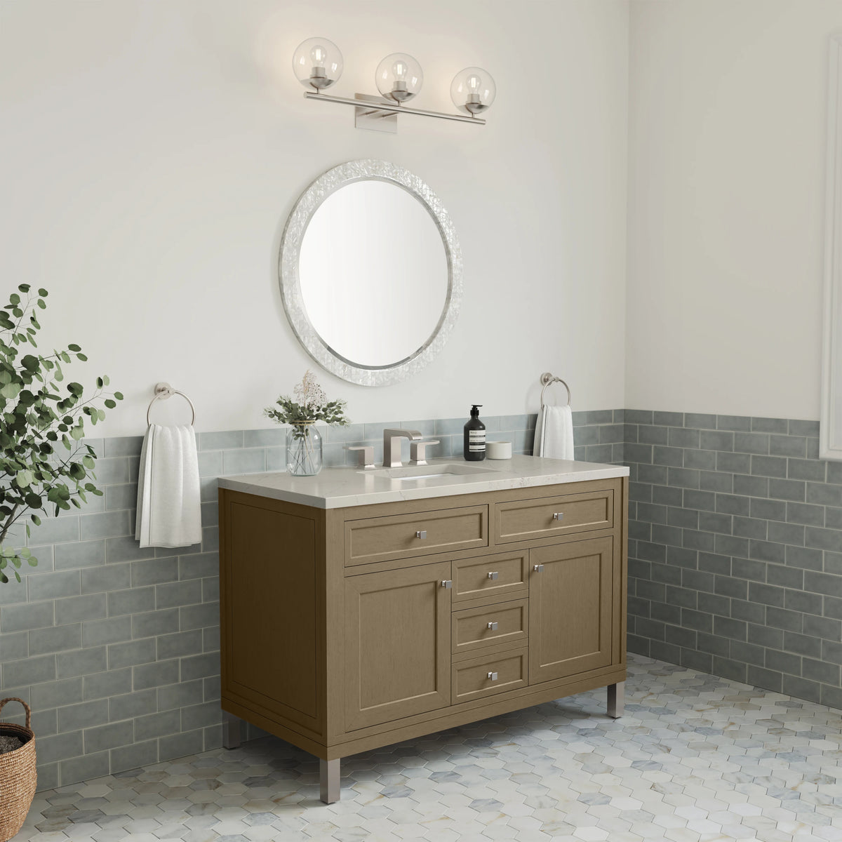 Chicago 48" Single Vanity, Walnut Whisper, w/ 3 CM Siberian Silestone Top w/FreePower Wireless Charger, view 9