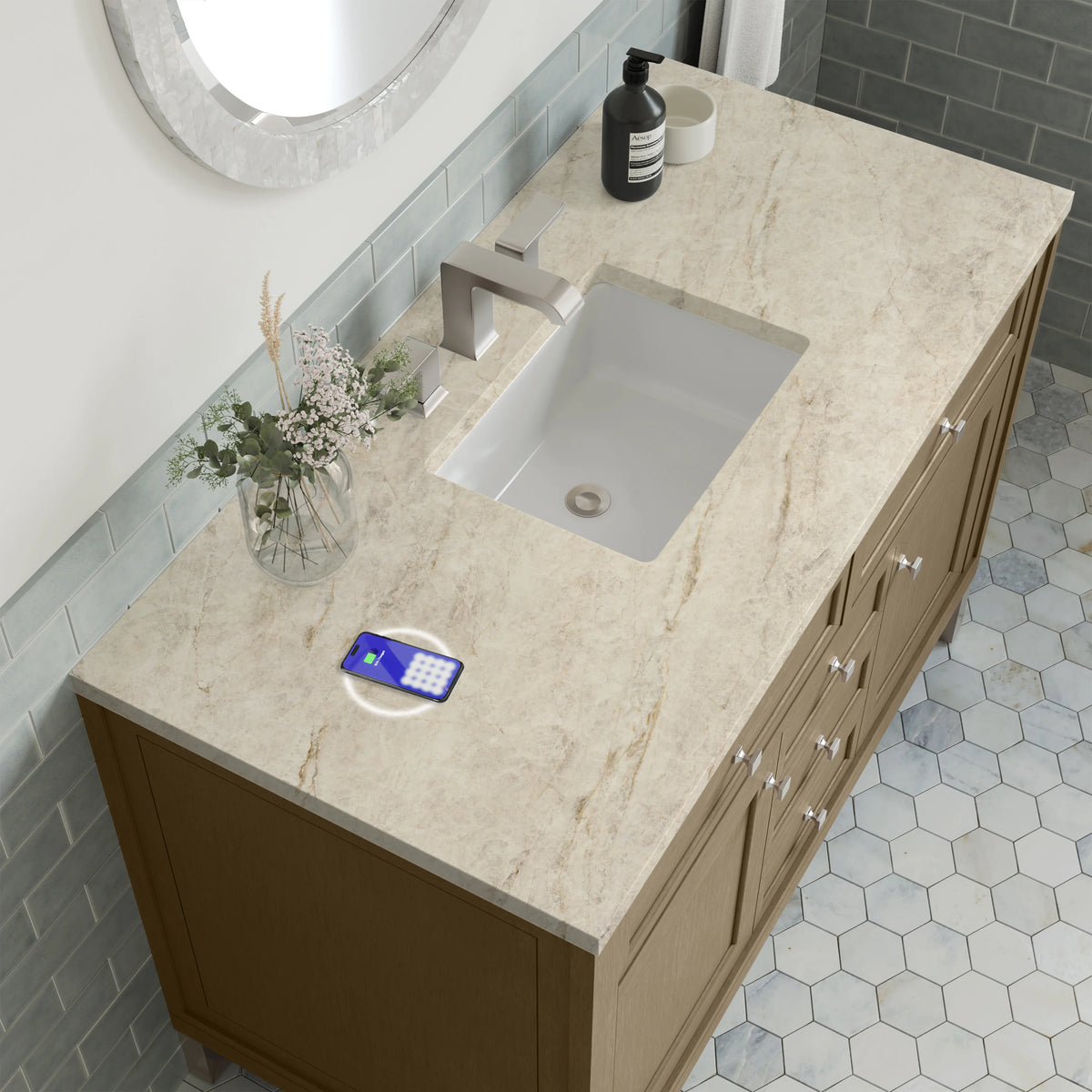 Chicago 48" Single Vanity, Walnut Whisper, w/ 3 CM Tajnar Eclos Top w/FreePower Wireless Charger, view 14