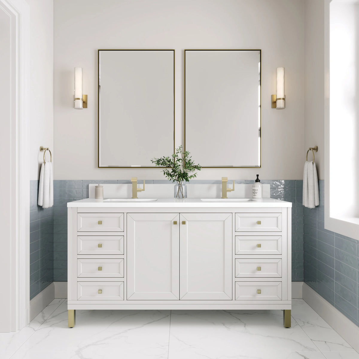 Chicago 60" Double Vanity, Glossy White, w/ Single Hole 3CM White Zeus Silestone® Top & Backsplash, view 4