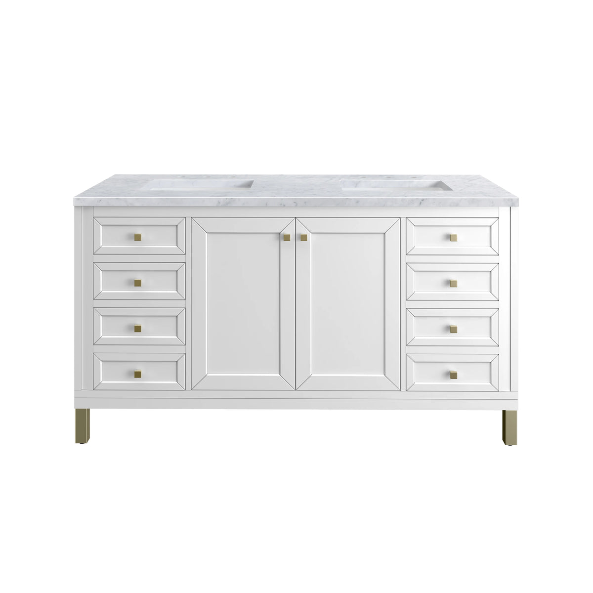 Chicago 60" Double Vanity, Glossy White, w/ 3 CM Carrara Marble Top