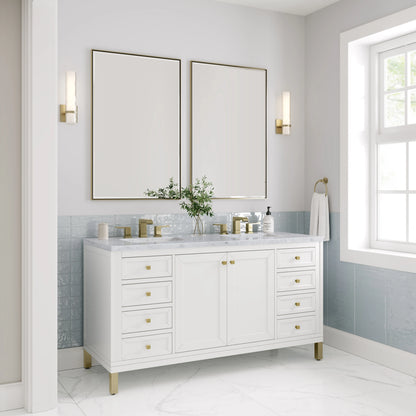 Chicago 60" Double Vanity, Glossy White, w/ 3 CM Carrara Marble Top, view 5