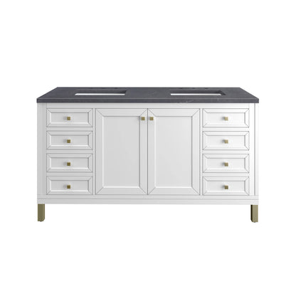 Chicago 60" Double Vanity, Glossy White, w/ 3 CM Charcoal Soapstone Silestone® Top