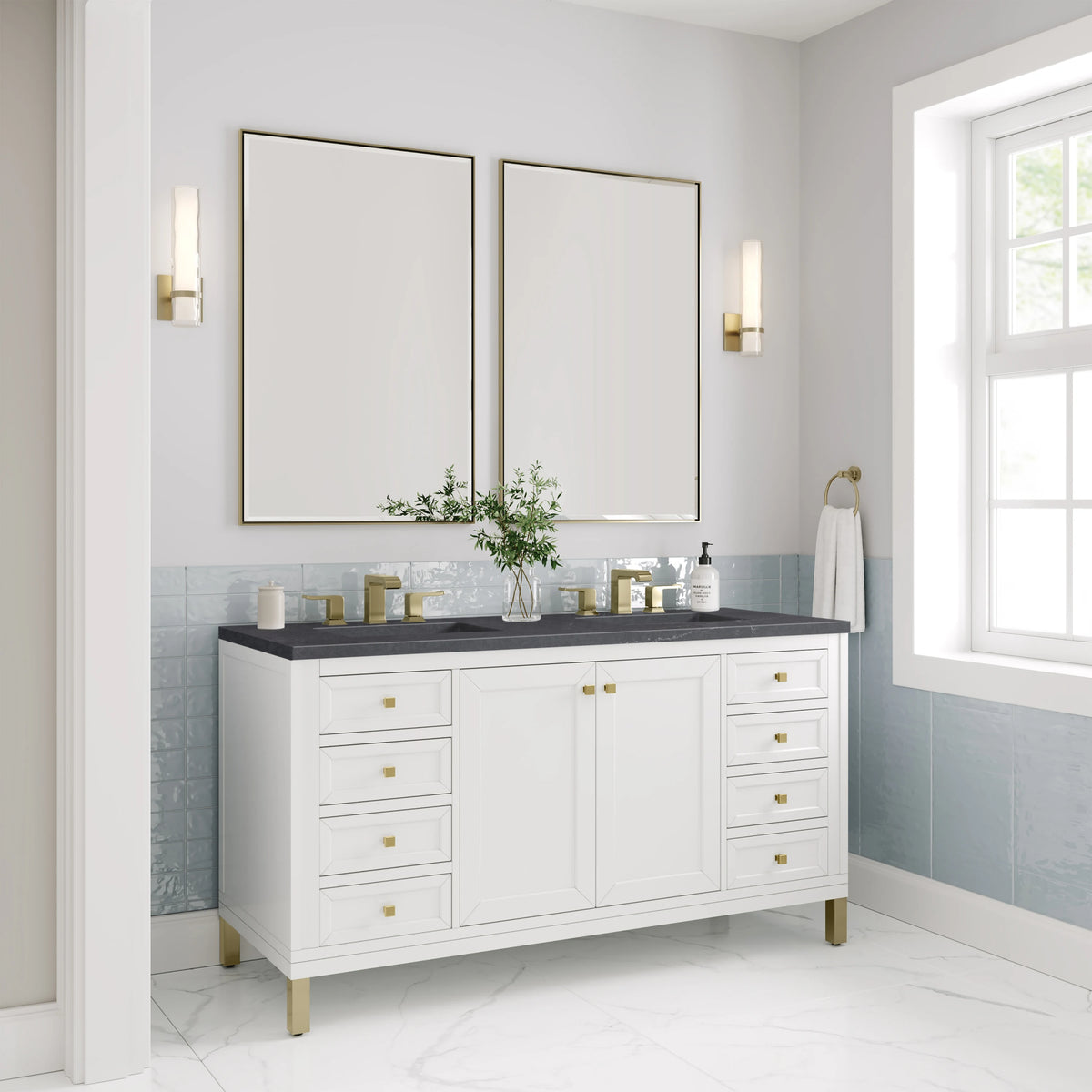 Chicago 60" Double Vanity, Glossy White, w/ 3 CM Charcoal Soapstone Silestone® Top, view 5