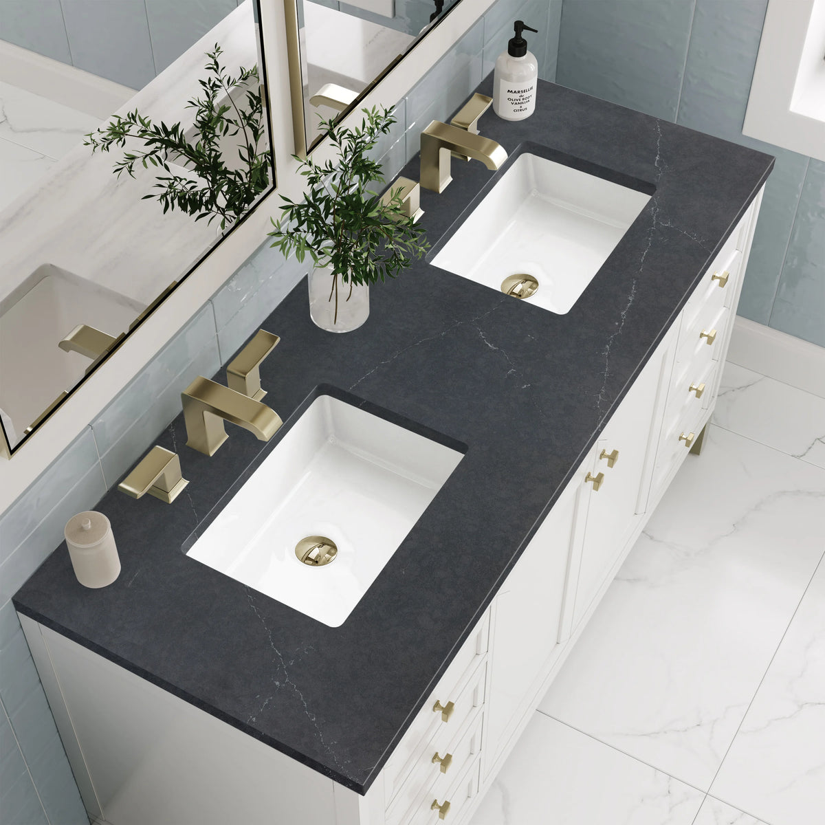 Chicago 60" Double Vanity, Glossy White, w/ 3 CM Charcoal Soapstone Silestone® Top, view 8