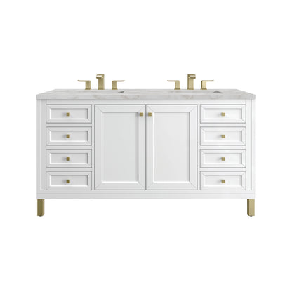 Chicago 60" Double Vanity, Glossy White, w/ 3 CM Victorian Silver Silestone® Top