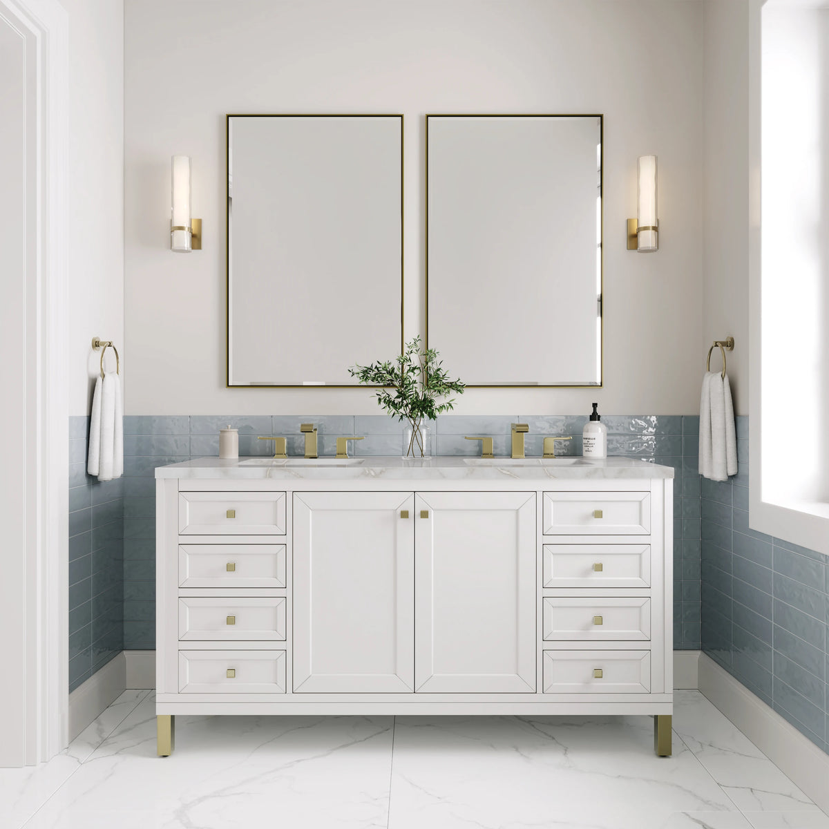 Chicago 60" Double Vanity, Glossy White, w/ 3 CM Victorian Silver Silestone® Top, view 4
