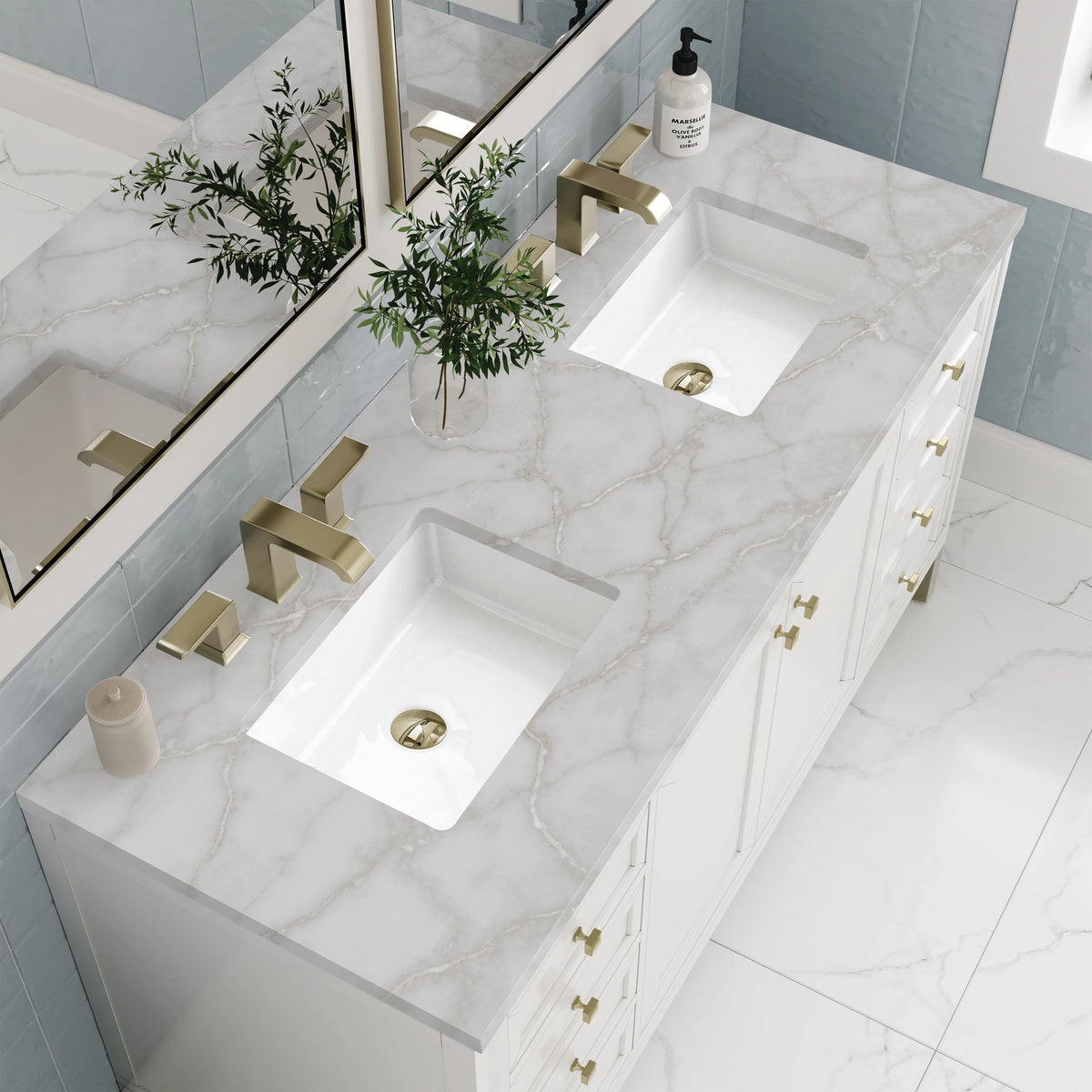 Chicago 60" Double Vanity, Glossy White, w/ 3 CM Victorian Silver Silestone® Top, view 8
