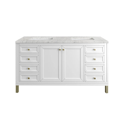 Chicago 60" Double Vanity, Glossy White, w/ 3 CM Eternal Jasmine Pearl Silestone® Top w/FreePower Wireless Charger