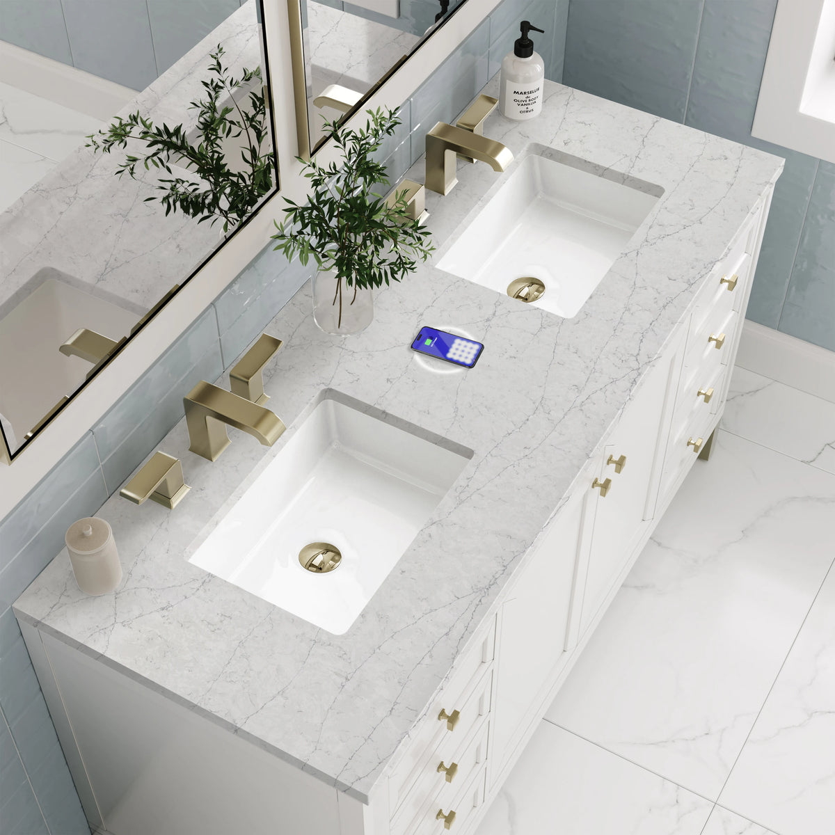 Chicago 60" Double Vanity, Glossy White, w/ 3 CM Eternal Jasmine Pearl Silestone® Top w/FreePower Wireless Cha, view 11