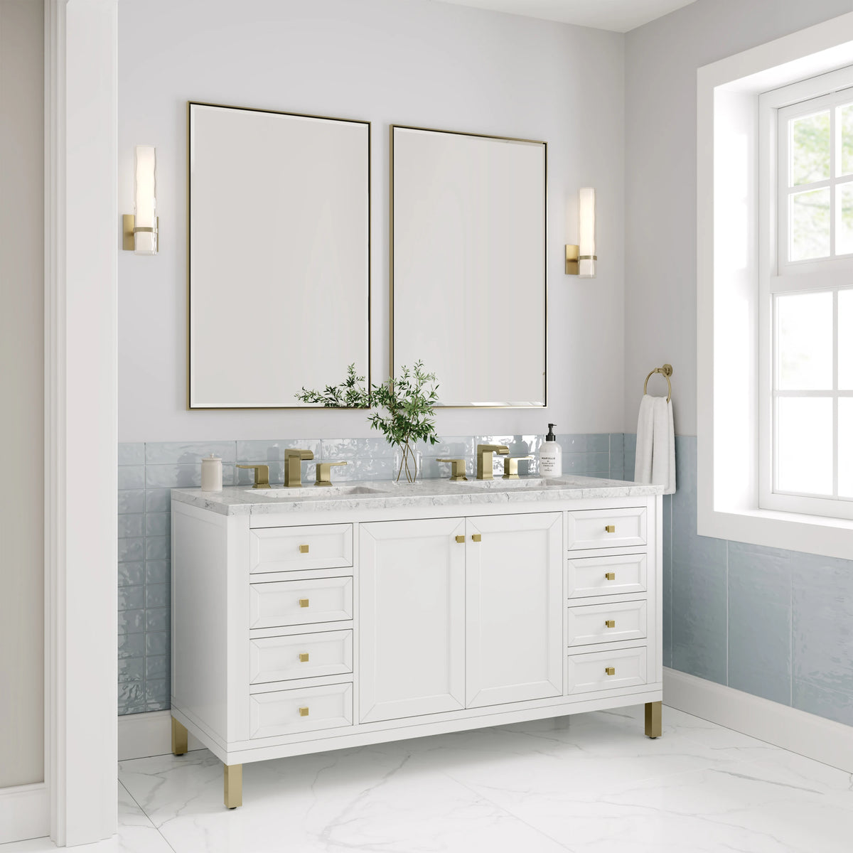 Chicago 60" Double Vanity, Glossy White, w/ 3 CM Eternal Jasmine Pearl Silestone® Top w/FreePower Wireless Char, view 8