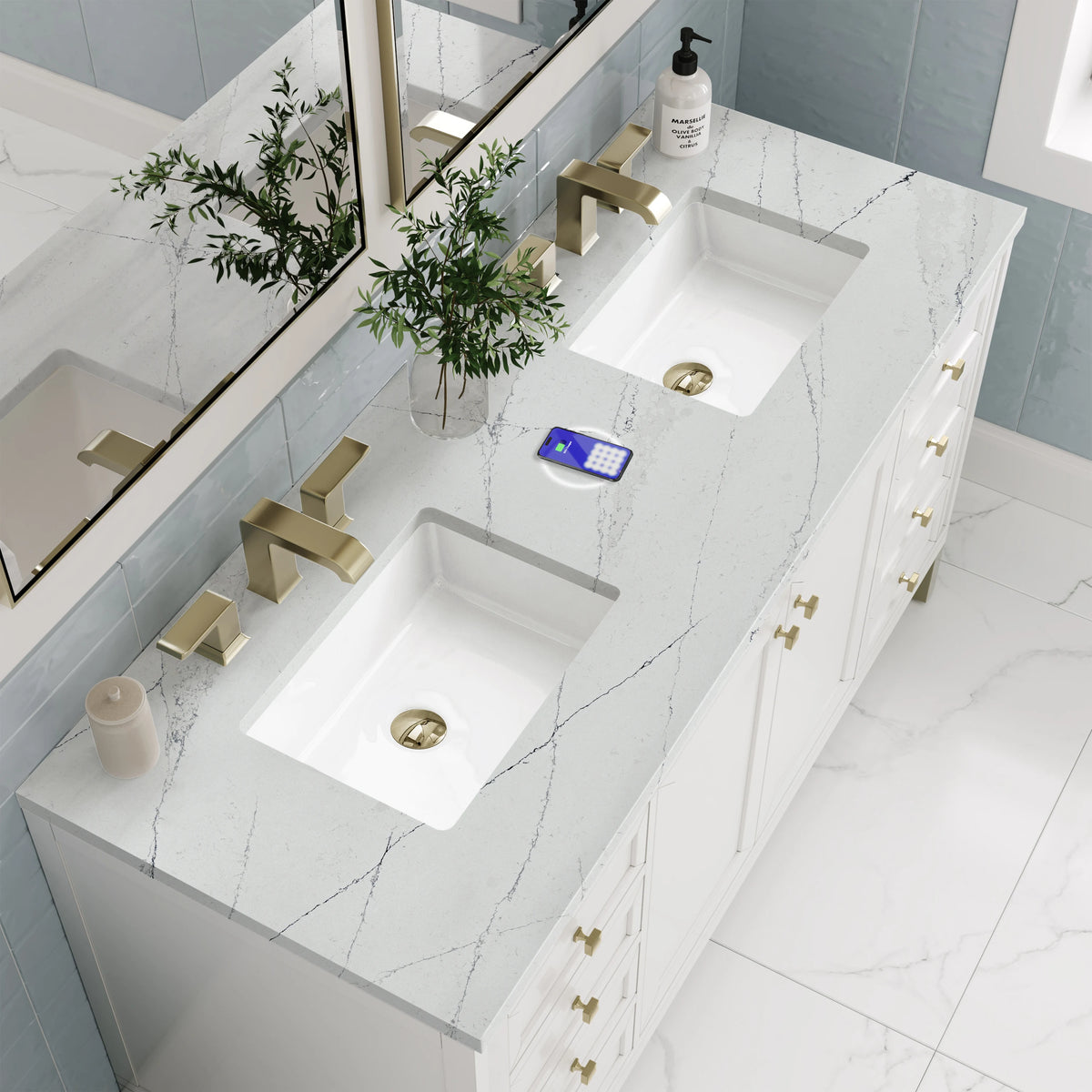 Chicago 60" Double Vanity, Glossy White, w/ 3 CM Ethereal Noctis Silestone® Top w/FreePower Wireless Charger, view 11