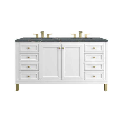 Chicago 60" Double Vanity, Glossy White, w/ 3 CM Parisien Bleu Silestone® Top w/FreePower Wireless Charger
