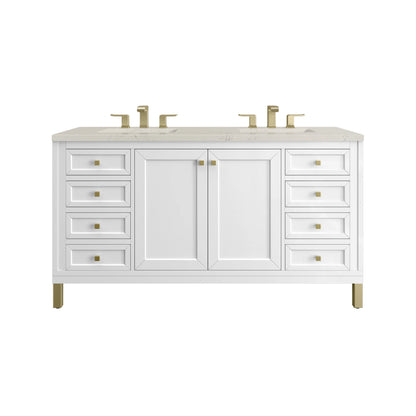 Chicago 60" Double Vanity, Glossy White, w/ 3 CM Siberian Silestone Top w/FreePower Wireless Charger