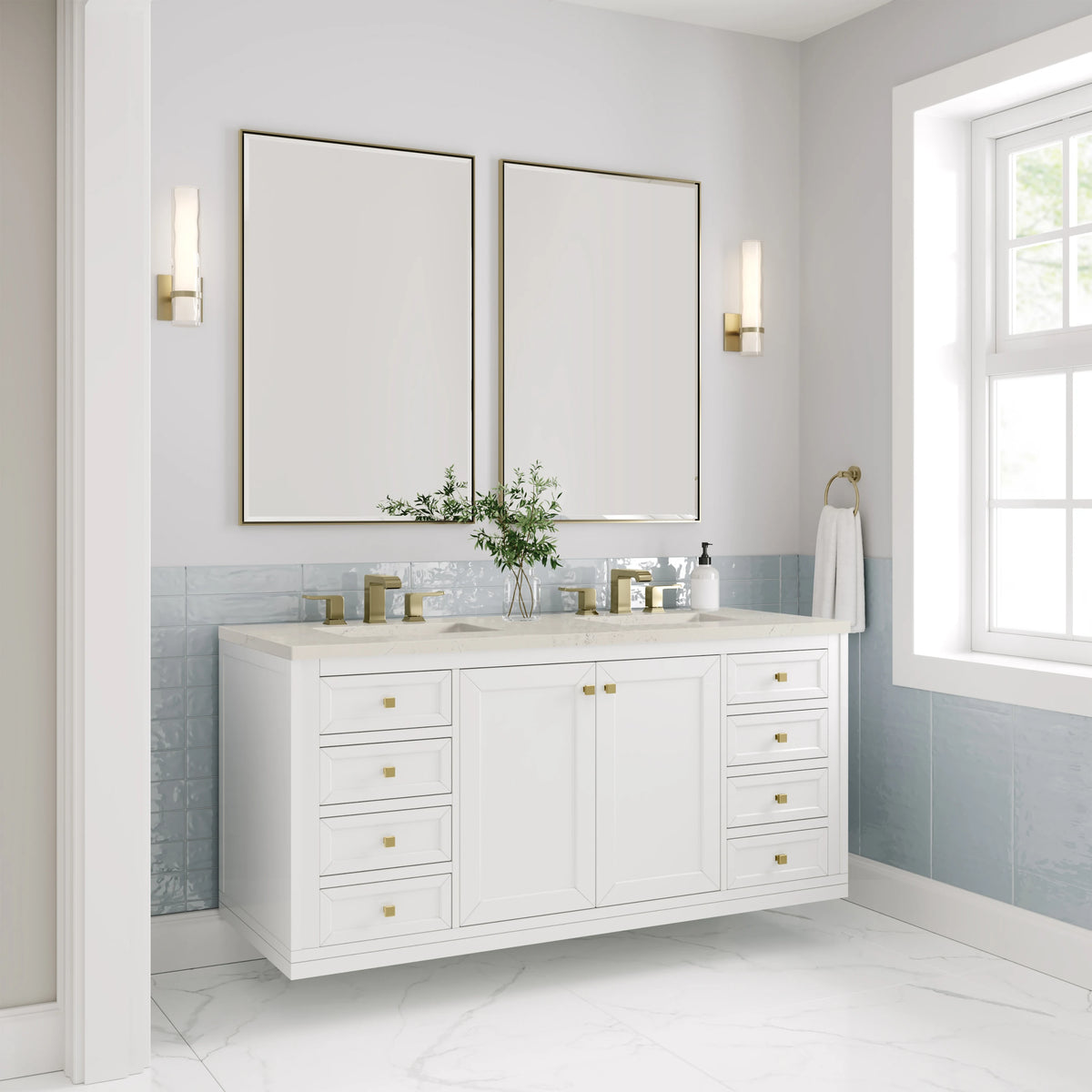 Chicago 60" Double Vanity, Glossy White, w/ 3 CM Siberian Silestone Top w/FreePower Wireless Charger, view 10