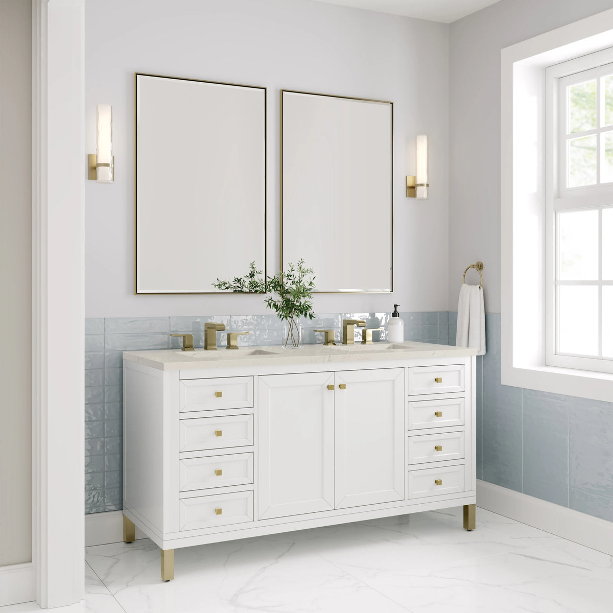 Chicago 60" Double Vanity, Glossy White, w/ 3 CM Siberian Silestone Top w/FreePower Wireless Charger, view 9