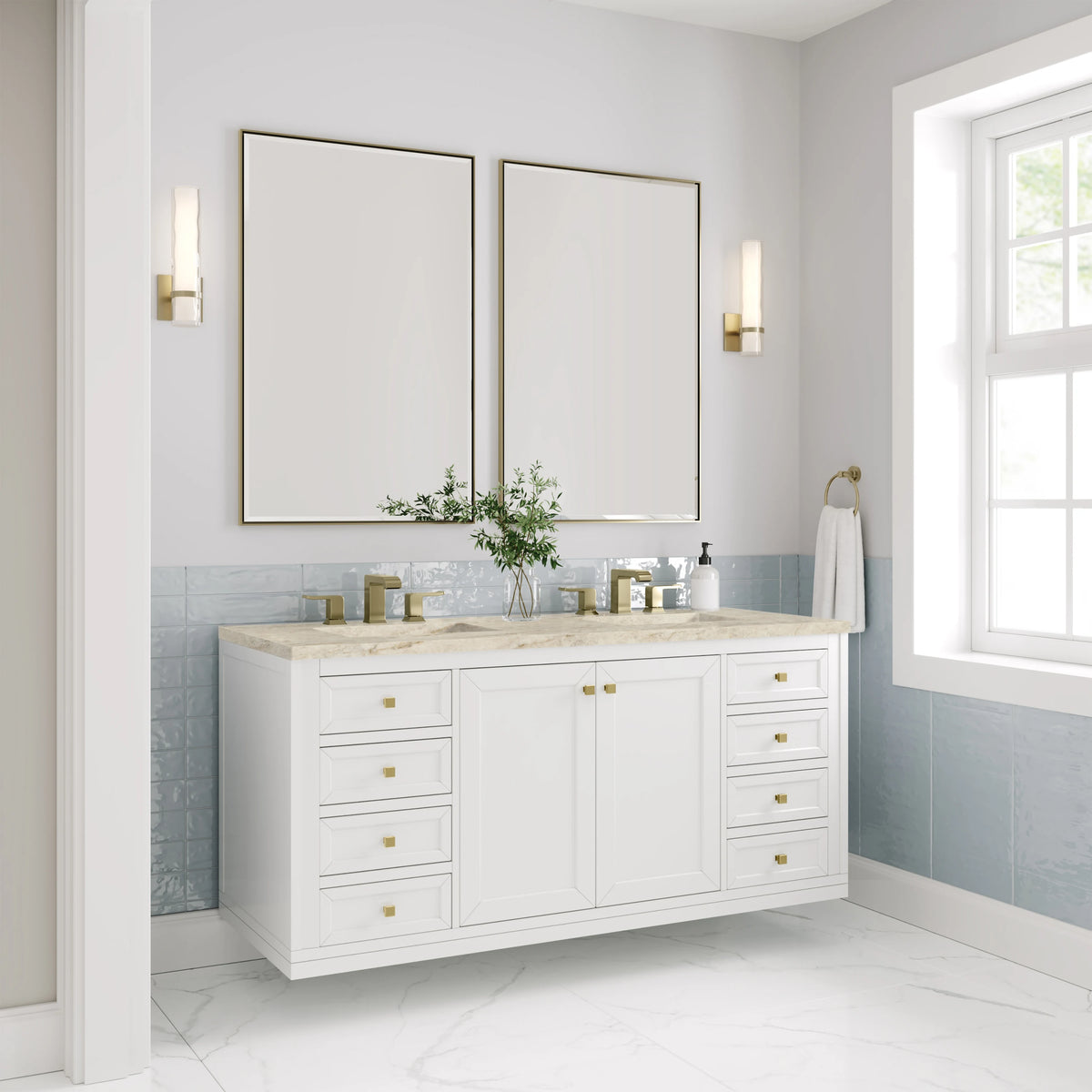 Chicago 60" Double Vanity, Glossy White, w/ 3 CM Tajnar Eclos Top w/FreePower Wireless Charger, view 10