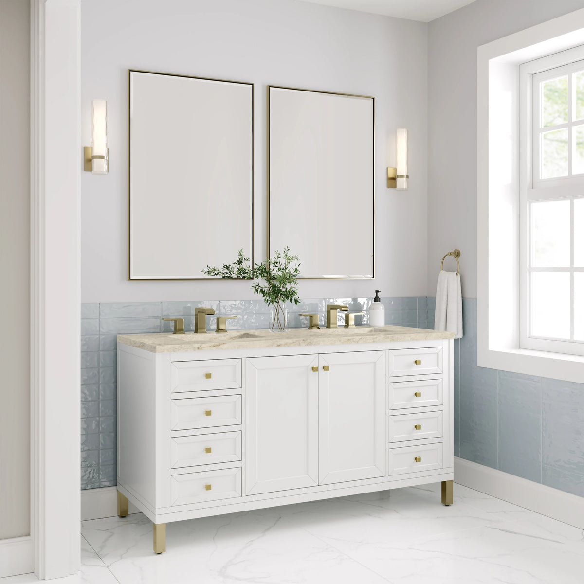 Chicago 60" Double Vanity, Glossy White, w/ 3 CM Tajnar Eclos Top w/FreePower Wireless Charger, view 9