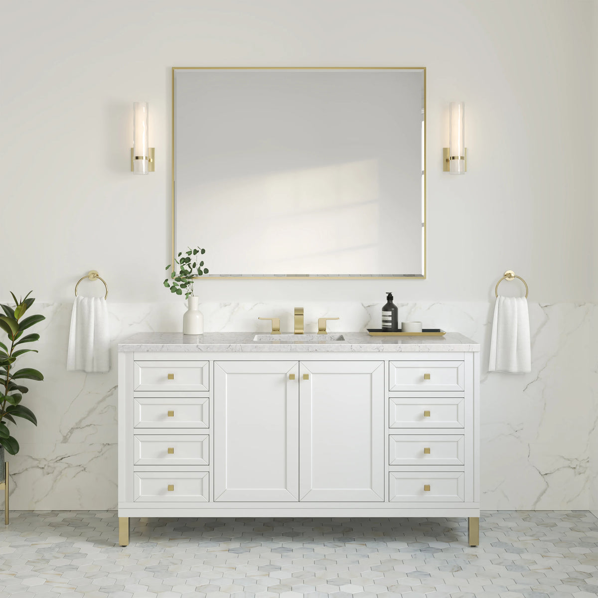Chicago 60" Single Vanity, Glossy White, w/ 3 CM Eternal Jasmine Pearl Silestone® Top, view 4